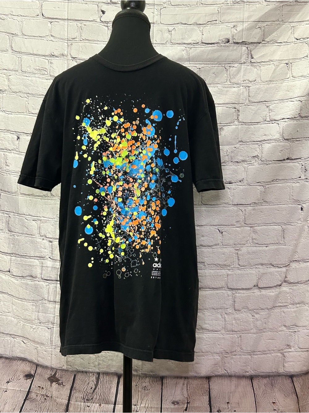 adidas Black Short-Sleeve Tee with Blue, Orange & Yellow Paint-Splash Graphic